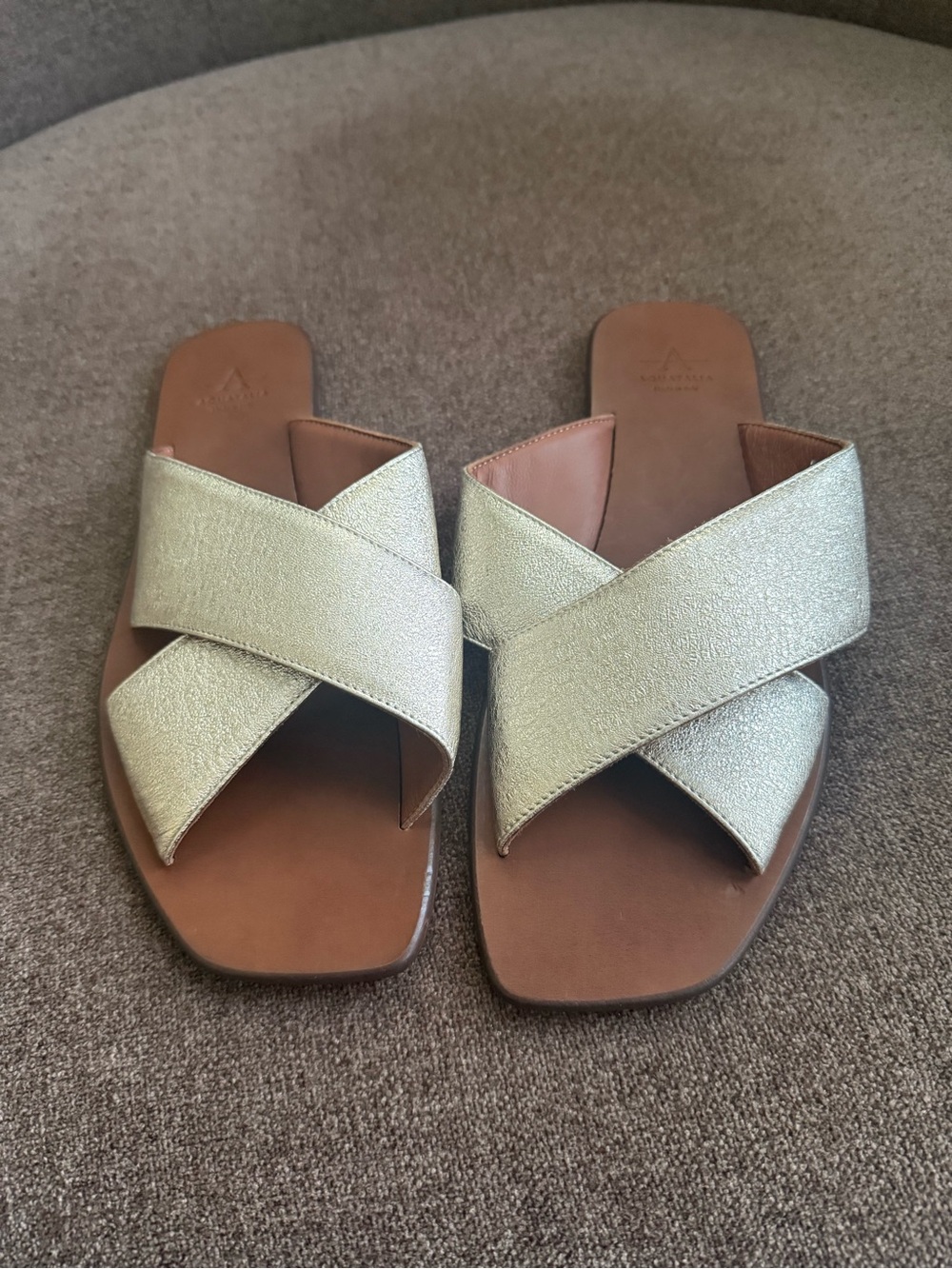 Aquatalia Metallic Gold Crisscross Slide Sandals